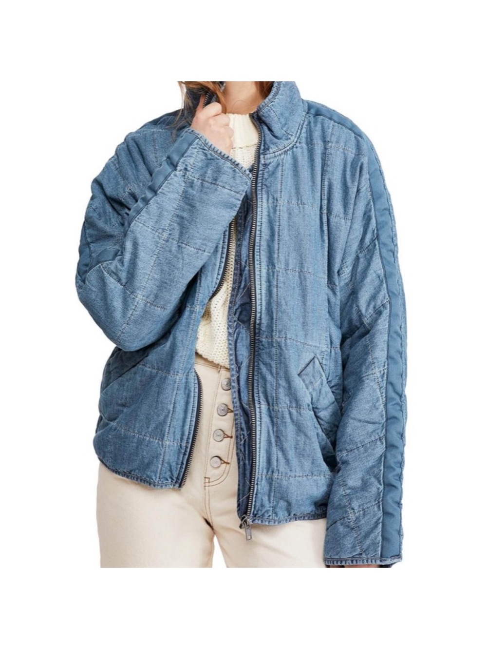 Free People Quilted Light Blue Bomber Jacket - Picture 2 of 11
